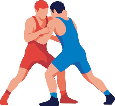 Action-oriented vector illustration of two wrestlers in red and blue singlets competing on a mat. Perfect for combat sports branding, tournament posters, and wrestling club apparel.