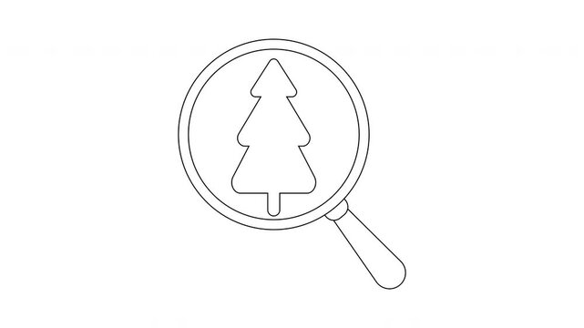 A line drawing of a magnifying glass focusing on a Christmas tree