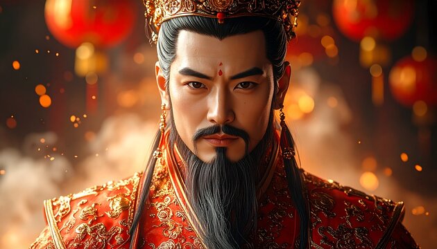 Semi-realistic illustration of the Chinese God of Wealth Cai Shen, detailed traditional attire, gold embroidery, calm and powerful presence, prosperity symbolism, soft dramatic lighting, high detail, 