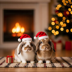 Adorable Bunny Pair in Santa Hats Celebrating Christmas at Home Fireplace with Warm Cozy Atmosphere