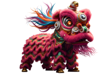 Traditional red chinese lion dance costume for lunar new year celebration