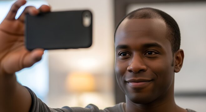 Young black man smiling while taking a selfie indoors  
