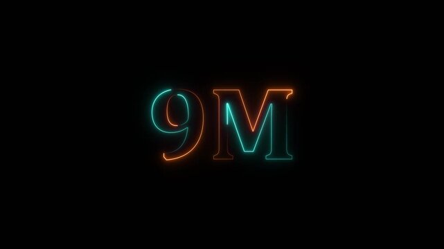 neon glowing multi color 8m one million text number animation, social media views counter -8m views 8M views text animation, 8m number 4k video animation 8M text animation on black background.