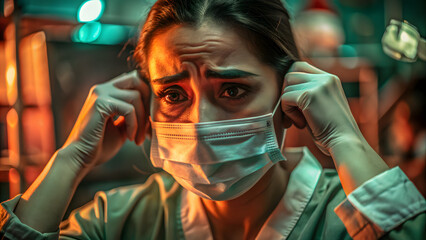 Worried female doctor adjusting surgical mask in hospital