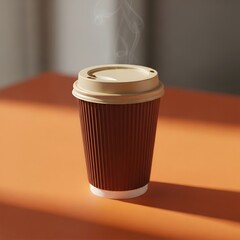 Single disposable coffee cup with lid on orange surface