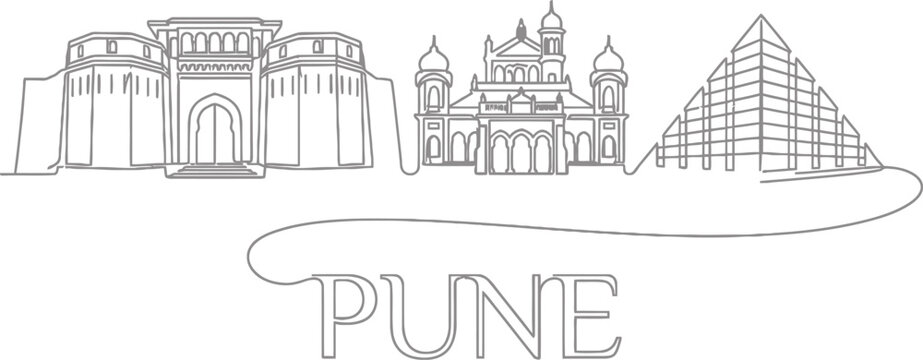 Pune city skyline landmarks one line drawing vector illustration