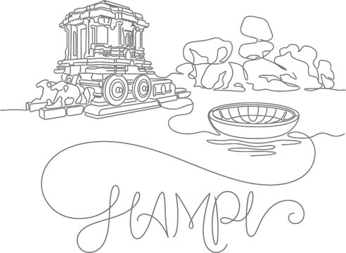 Stone Chariot Hampi landmark with coracle line art vector