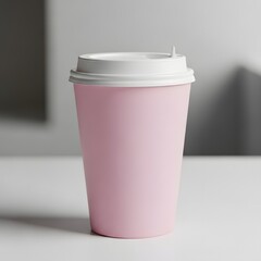 Blank pastel pink coffee cup with white lid on a light background