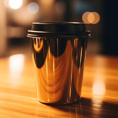 Disposable coffee cup with warm reflections on a wooden table