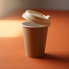 Brown paper takeaway coffee cup with lid on warm background