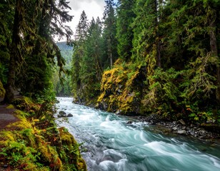 Lush forest surrounds a rushing river