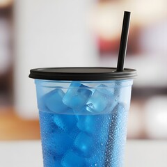 Refreshing blue iced drink in plastic cup with straw