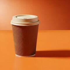 Single brown takeaway coffee cup on orange background
