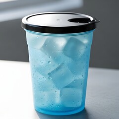 Blue reusable tumbler with ice and condensation