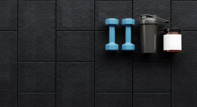 Blue Dumbbells, Protein Shaker, and Supplement Jar on Black Gym Floor Background