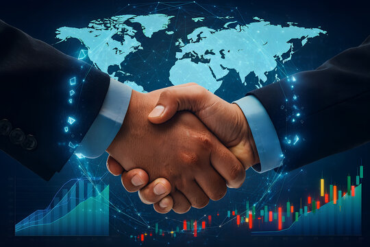 A close-up of a handshake symbolizing global business deals against a digital world map and data visualization - Powered by Adobe