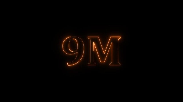 neon glowing red 9m one million text number animation, social media views counter -9m views 9M views text animation, 9m number 4k video animation 9M text animation on black background.
