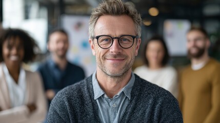 A diverse group of business professionals standing together. They smile warmly, representing unity and teamwork in an office environment
