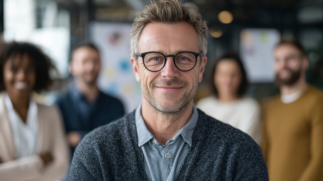 A diverse group of business professionals standing together. They smile warmly, representing unity and teamwork in an office environment - Powered by Adobe