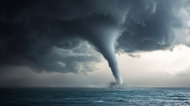 A dramatic depiction of a powerful waterspout, a rotating column of air, extending from dark, ominous storm clouds over the ocean's surface - Powered by Adobe
