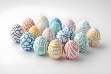Fototapeta premium Colorful Pastel Easter Eggs with Modern Decorative Patterns on White Background