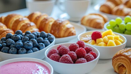 Assorted Breakfast Spread Featuring Fresh Fruits, Croissants, and Yogurt on a Bright Table