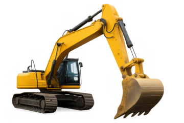 Yellow tracked excavator with hydraulic arm and digging bucket on transparent background performing construction work