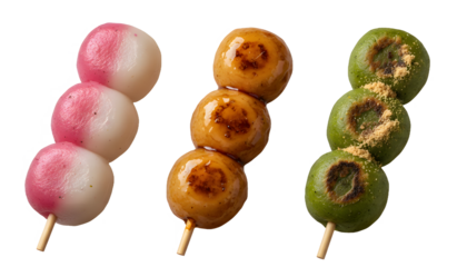 Three types of japanese dango skewers including hanami and mitarashi isolated on transparent background