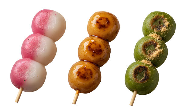 Three types of japanese dango skewers including hanami and mitarashi isolated on transparent background