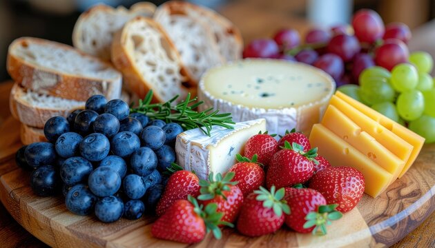 Assorted Cheeses Fruits And Breads Displayed Elegantly On A Wooden Platter - Powered by Adobe