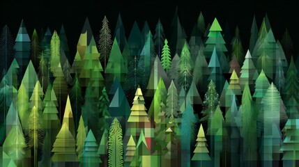A geometric forest design featuring various shades of green, with stylized, textured trees against a dark backdrop