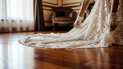 Bride Adjusting Her Elegant Lace Wedding Dress Train Indoors.