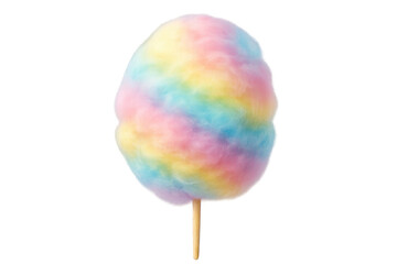 Rainbow cotton candy forming a fluffy cloud of spun sugar on a wooden stick, a sweet snack on a transparent background