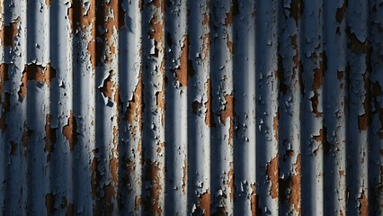 Obraz premium Close-up of weathered, corrugated metal siding with peeling paint, showing rust.