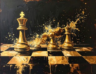 Golden chess pieces poised on a black and golden checkerboard with splashy gold accents