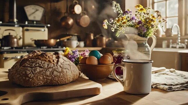 Cozy Morning Kitchen Scene with Freshly Baked Bread and Rustic Decor