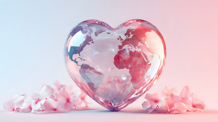 Heart shaped crystal globe with pink flowers on white background symbolizing love