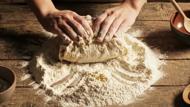 Step-by-step process of making dough with eggs and flour for baking