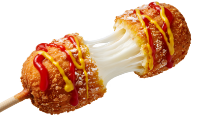 Pulled cheese corn dog with ketchup and mustard drizzle isolated on transparent background