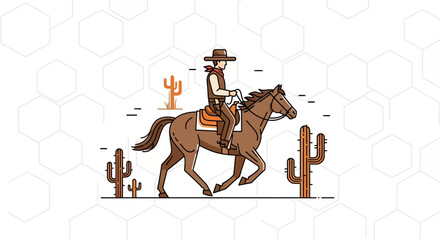 A detailed illustration showcasing a cowboy riding a horse through the desert landscape with cacti