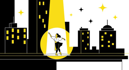 Captivating performance in a vibrant cityscape spotlight illuminates dancer's grace and artistry