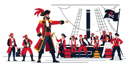 Captivating illustration of a pirate captain and his crew aboard a ship for adventure