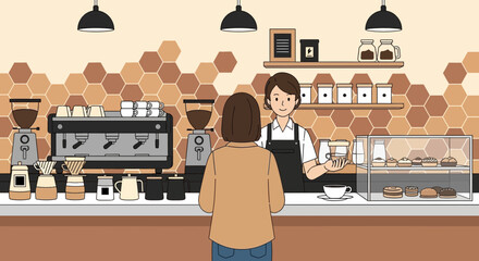 Charming coffee shop scene with barista serving customer in a cozy environment