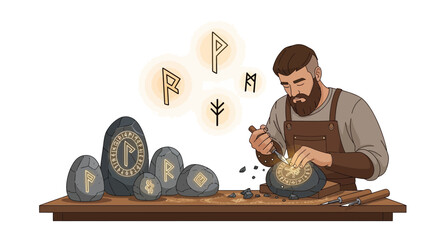 Craftsman meticulously carves runes into stone in workshop illuminating ancient symbols,