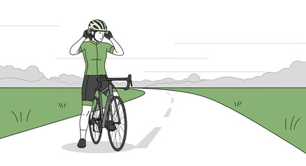 Cyclist prepares for a ride in the countryside, securing helmet before embarking on a scenic journey