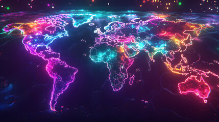 Vibrant global connections map with neon lights on world map at night