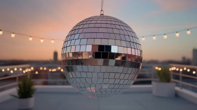 Vibrant rooftop party scene with disco ball at sunset