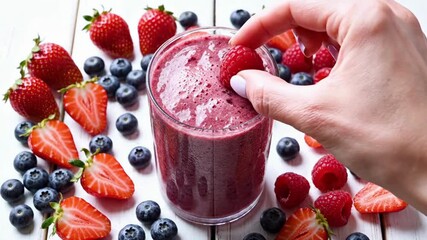Vibrant berry smoothie preparation with fresh strawberries blueberries and raspberries on rustic - Powered by Adobe
