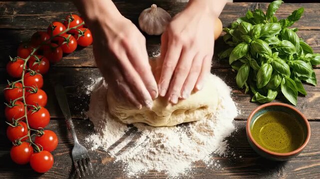 Artisan homemade bread preparation with fresh ingredients and kneading process