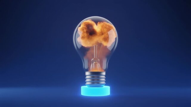 Light bulb with orange smoke explosion inside, glowing blue base on dark blue background, symbolizing powerful idea.